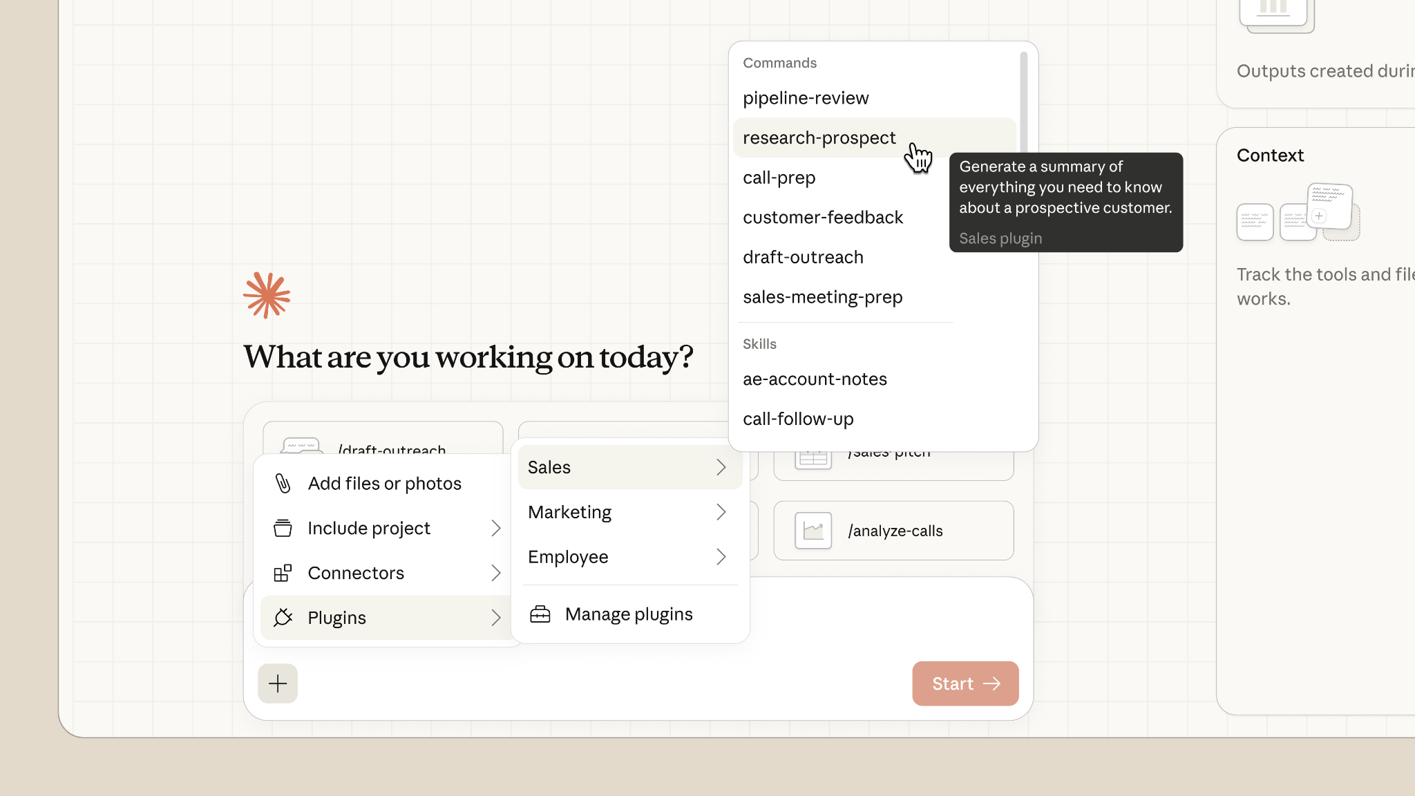 Claude Cowork interface showing sales and marketing commands and plugins for agentic workflows