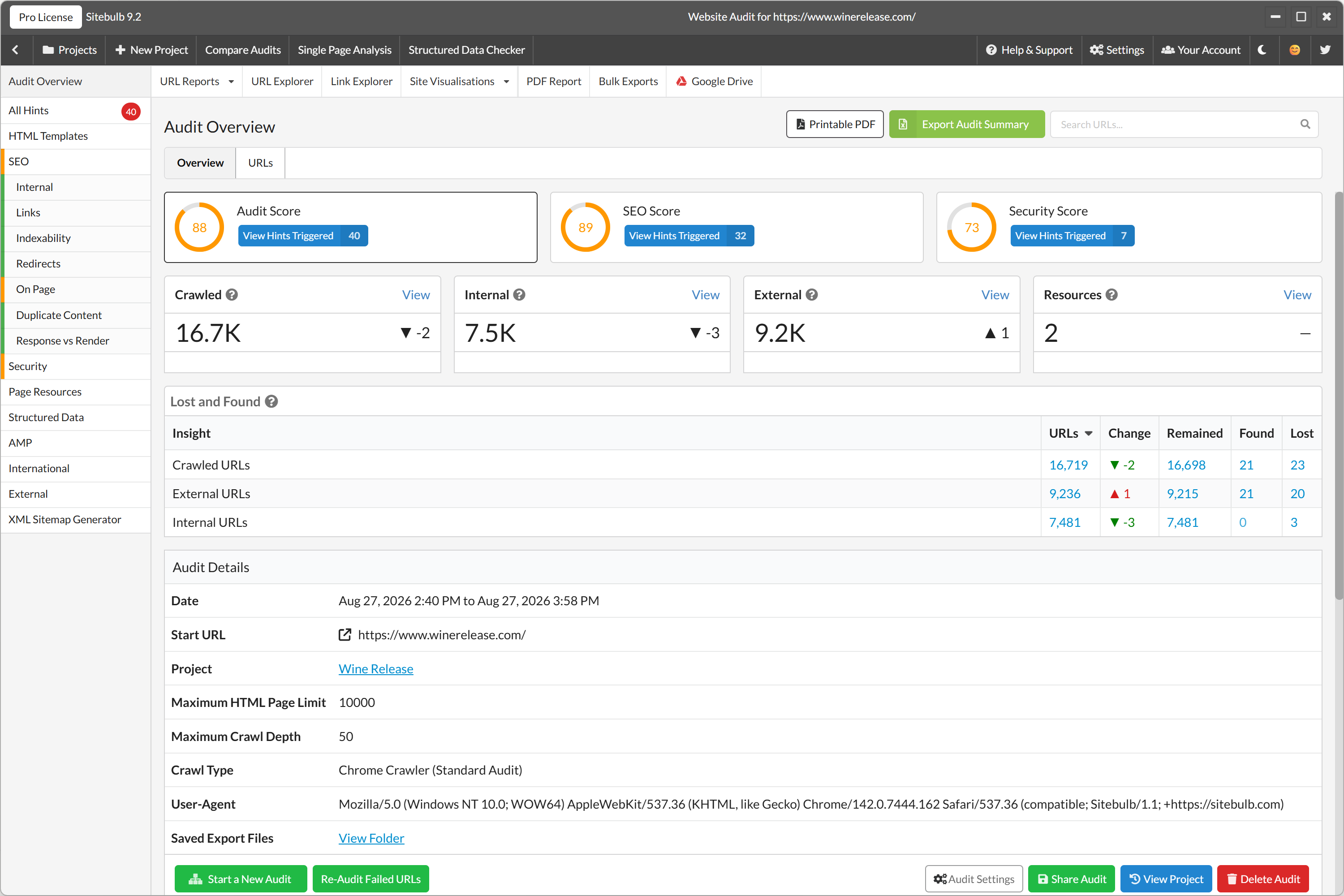 Sitebulb Audit Overview dashboard showing audit score, SEO score, and security score for a real client crawl